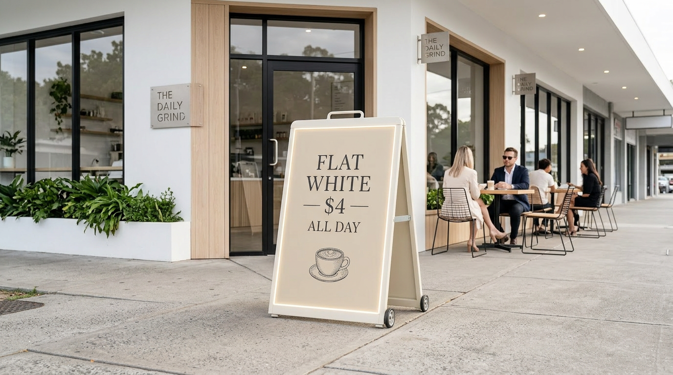 MySignSells A-frame illuminated outside a sunny Australian café footpath
